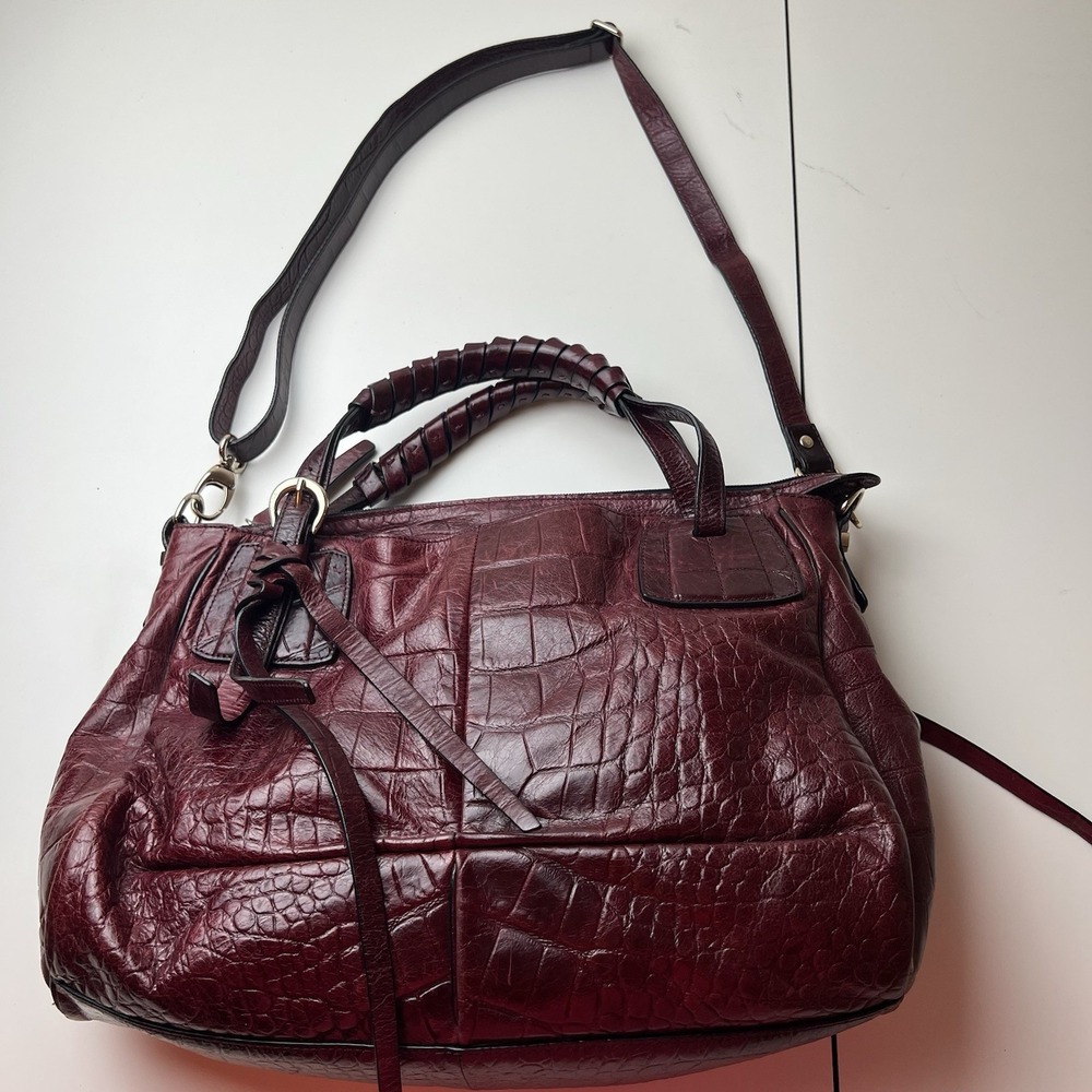 Luana Luxury Burgundy Genuine Leather Crocodile Embossed Satchel Bag